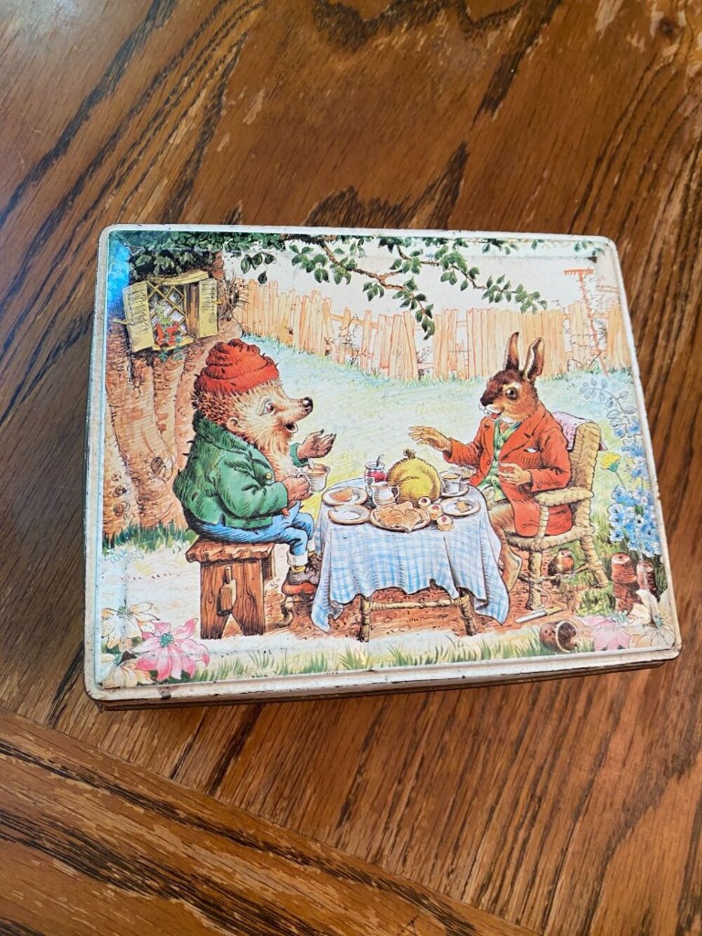 Vintage English Biscuit Tin Norman Meredith Hedgehog & Rabbit Tea Scene 6.75"x5.